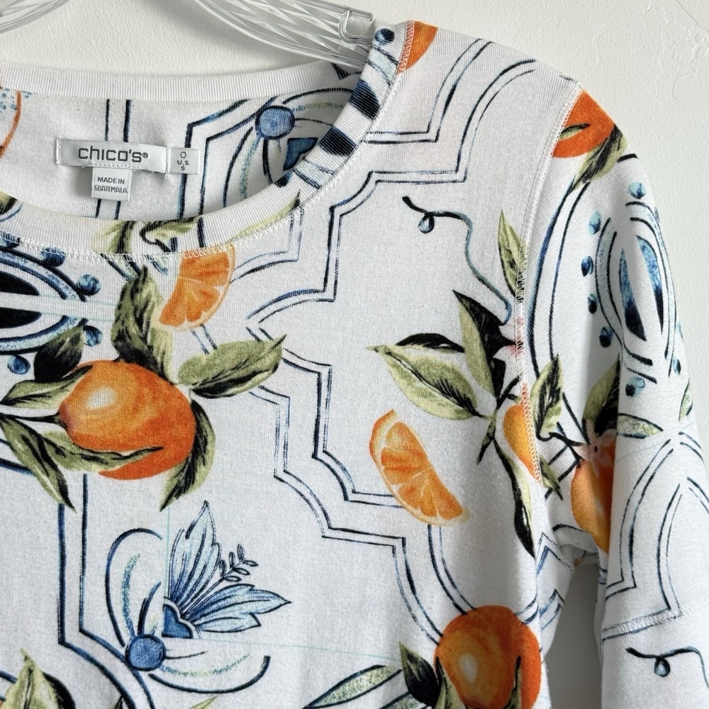 Chico's Novelty Print T-Shirt Top Oranges Woman S Pima Cotton Comfort Stretch